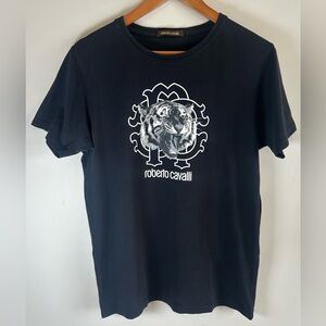 Roberto Cavalli Women’s Black T-shirt Tiger Logo Graphic MSRP $195US EUC